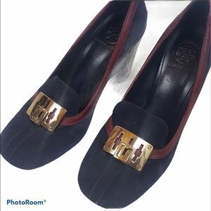Tory Burch Black and Brown Heels with Gold Accent